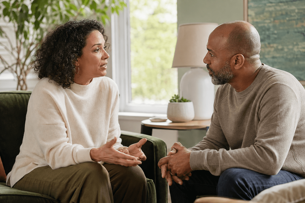 Two people sharing a calm, attentive conversation in a softly lit room.