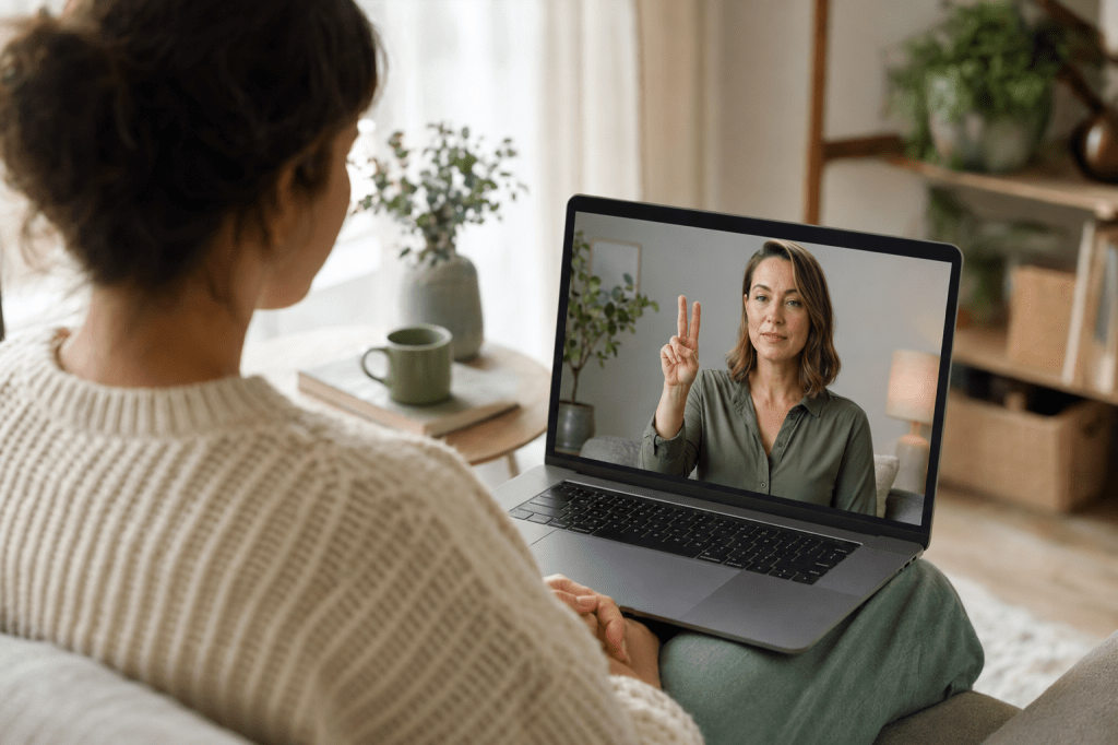 A client participating in an online EMDR session while a therapist guides eye movement on screen.