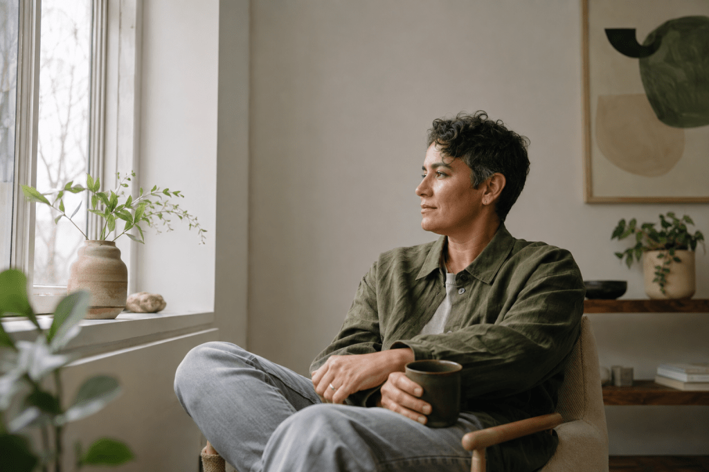 A person sitting quietly beside a window in a calm home interior.