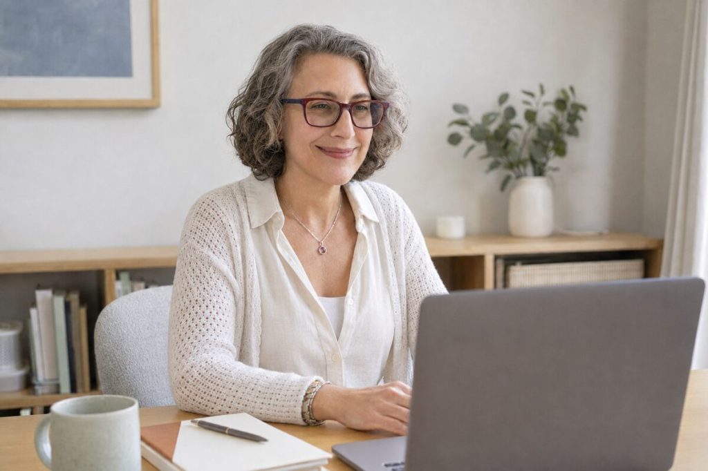 Yael DiPlacido smiling compassionately while speaking with a client during an online therapy session.